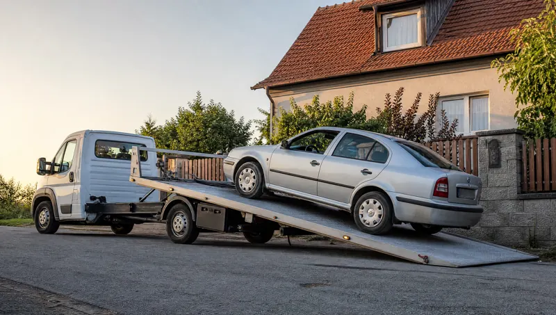 Likvidace vozidel Praha – ilustrační bílá odtahovka nakládá stříbrnou škodu octavia u domu Bílá odtahovka nakládá stříbrnou Škodu Octavia u domu – ilustrační likvidace vozidel Praha