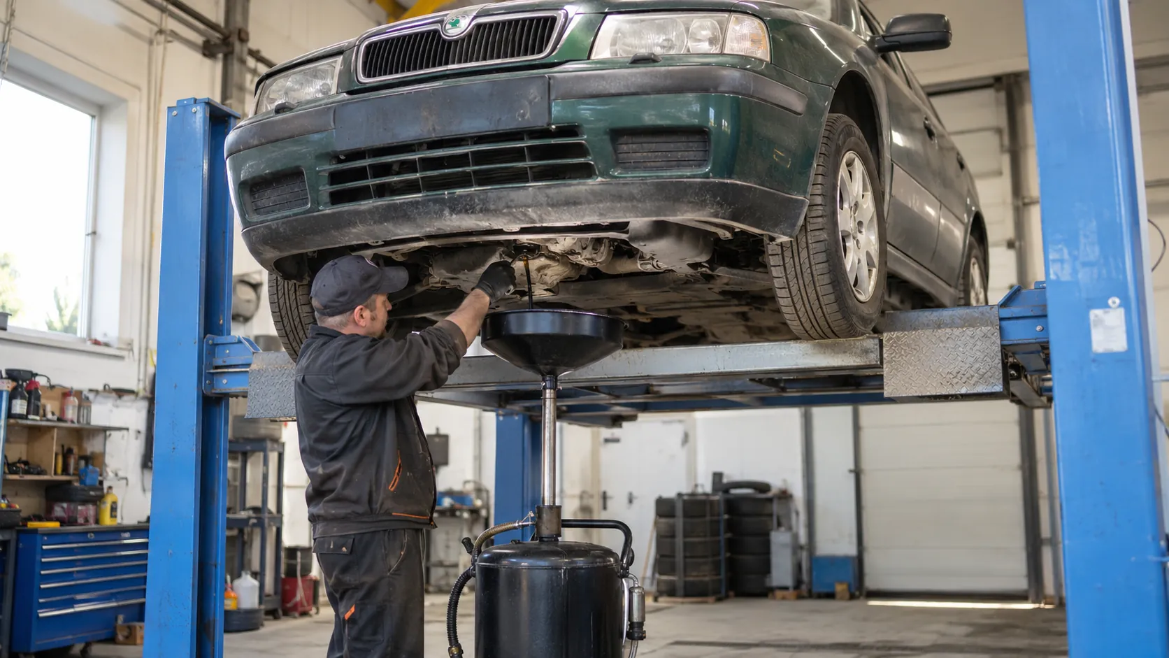Odčerpání motorového oleje pod vozidlem Škoda v dílně