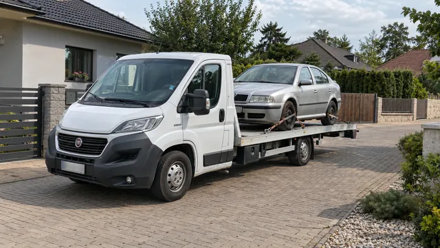 Bílý odtahový vůz s upevněným vozidlem Škoda na hliníkové plošině
