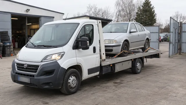 Bílý odtahový vůz s upevněným vozidlem Škoda na hliníkové plošině