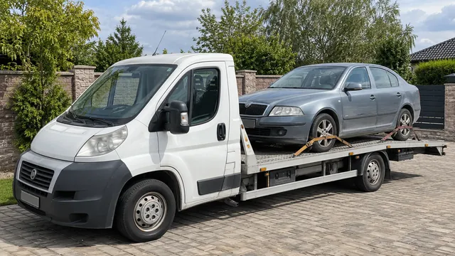 Bílý odtahový vůz s upevněným vozidlem Škoda na hliníkové plošině