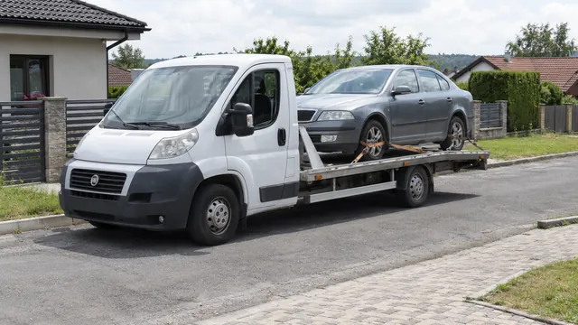 Bílý odtahový vůz s upevněným vozidlem Škoda na hliníkové plošině