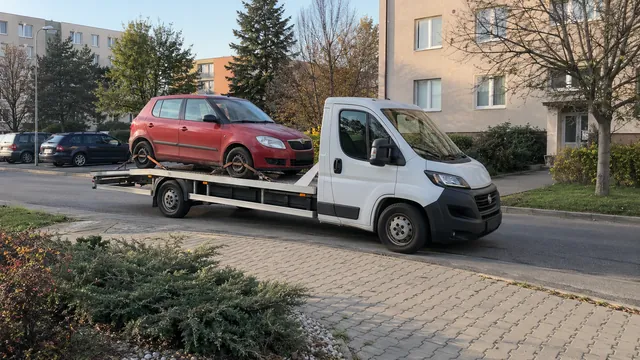 Bílý odtahový vůz s upevněným vozidlem Škoda na hliníkové plošině