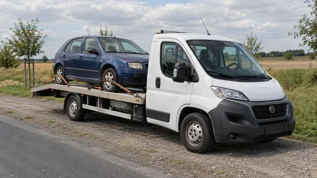 Bílý odtahový vůz s upevněným vozidlem Škoda na hliníkové plošině