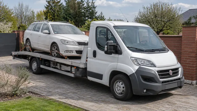 Bílý odtahový vůz s upevněným vozidlem Škoda na hliníkové plošině
