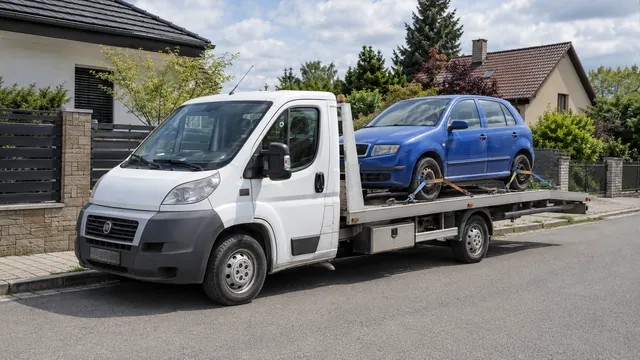 Bílý odtahový vůz s upevněným vozidlem Škoda na hliníkové plošině
