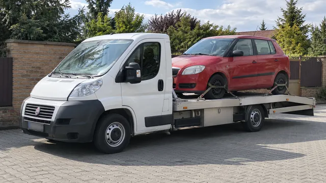 Bílý odtahový vůz s upevněným vozidlem Škoda na hliníkové plošině