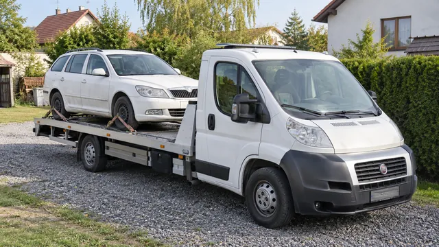 Bílý odtahový vůz s upevněným vozidlem Škoda na hliníkové plošině