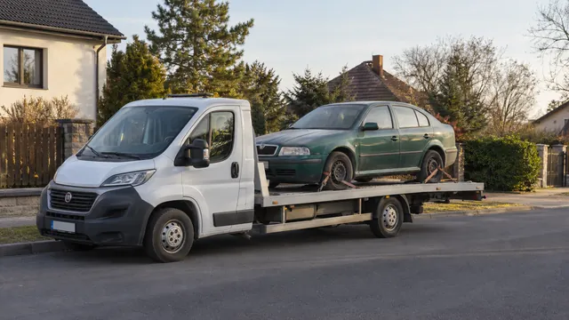 Bílý odtahový vůz s upevněným vozidlem Škoda na hliníkové plošině
