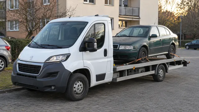 Bílý odtahový vůz s upevněným vozidlem Škoda na hliníkové plošině