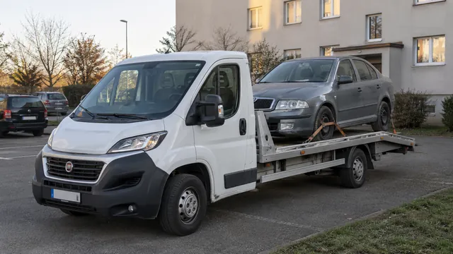 Bílý odtahový vůz s upevněným vozidlem Škoda na hliníkové plošině