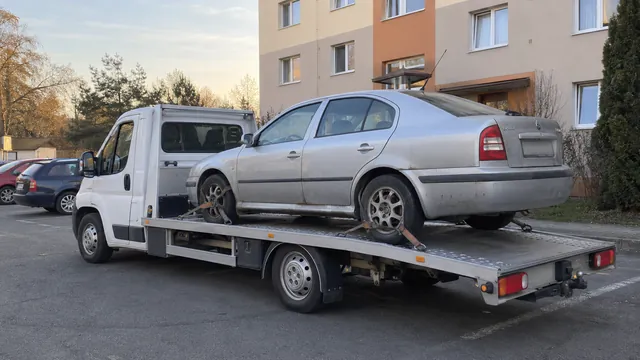 Bílý odtahový vůz s upevněným vozidlem Škoda na hliníkové plošině