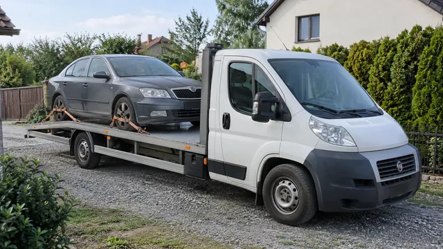 Bílý odtahový vůz s upevněným vozidlem Škoda na hliníkové plošině