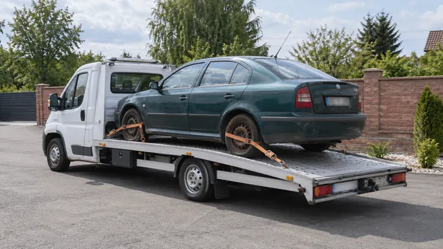 Bílý odtahový vůz s upevněným vozidlem Škoda na hliníkové plošině