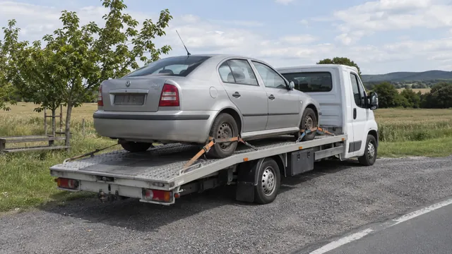 Bílý odtahový vůz s upevněným vozidlem Škoda na hliníkové plošině