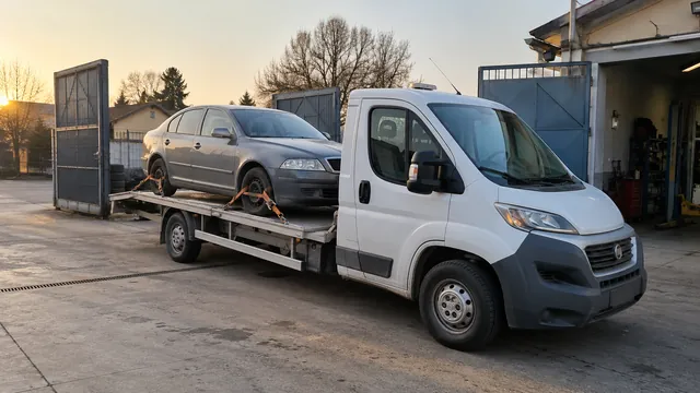 Bílý odtahový vůz s upevněným vozidlem Škoda na hliníkové plošině
