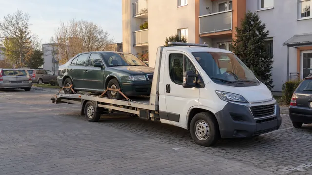Bílý odtahový vůz s upevněným vozidlem Škoda na hliníkové plošině