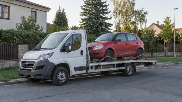 Bílý odtahový vůz s upevněným vozidlem Škoda na hliníkové plošině